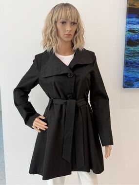 Adorable Steve Madden Black Belted Rain/Jacket, Lined, Versatile Collar, Size S